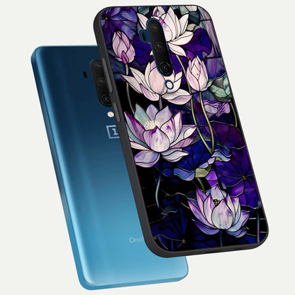  Purple Lotus Pattern phone case For OnePlus 7T Pro showing premium glass back cover with detailed artwork