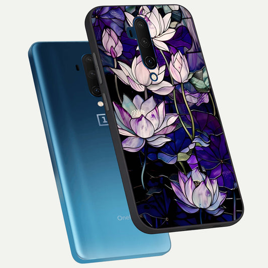  Purple Lotus Pattern phone case For OnePlus 7T Pro showing premium glass back cover with detailed artwork