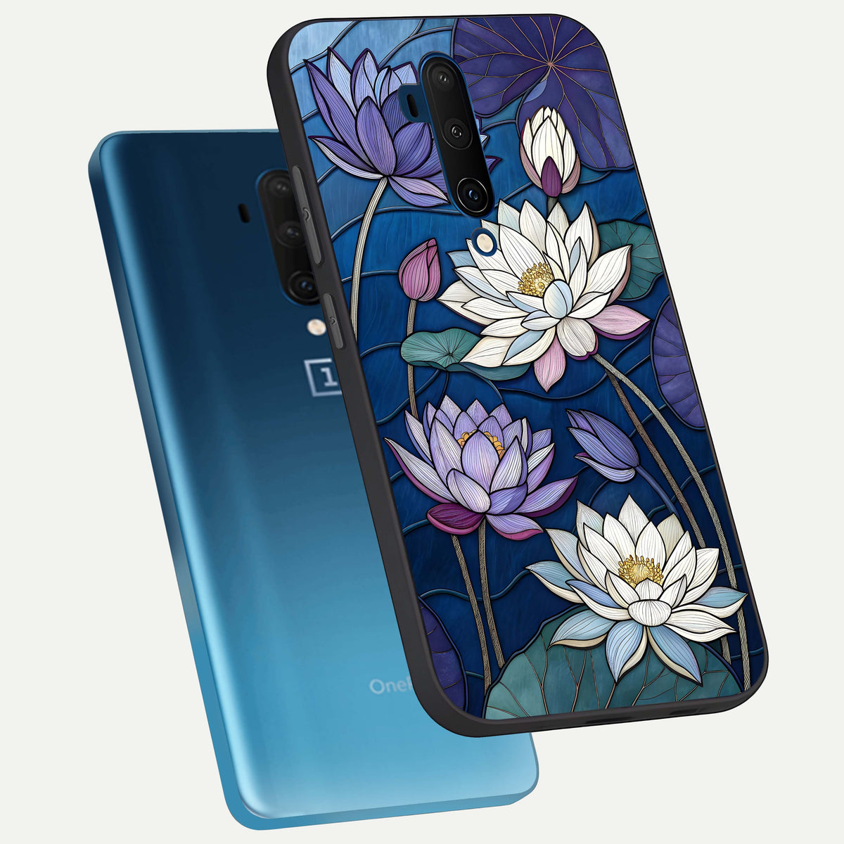  Purple Lotus Stained phone case For OnePlus 7T Pro showing premium glass back cover with detailed artwork