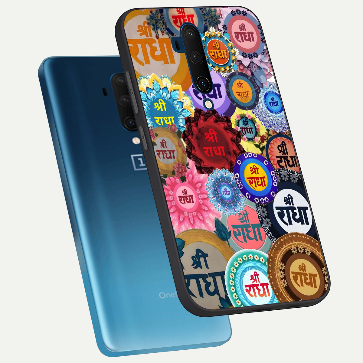  Radha Divine Bloom phone case For OnePlus 7T Pro showing premium glass back cover with detailed artwork