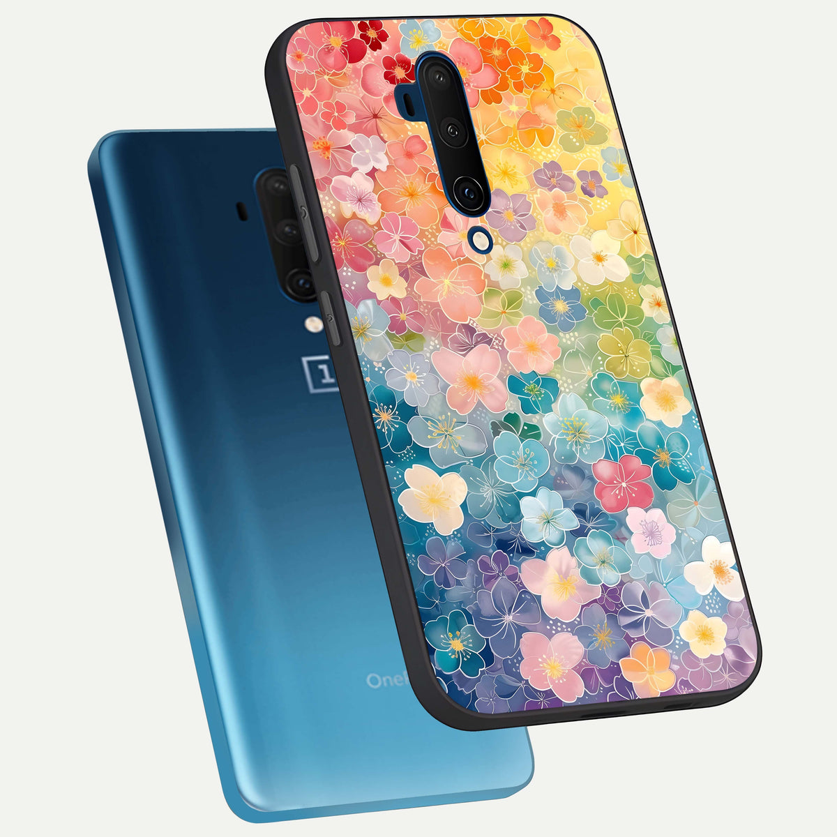  Rainbow Blossom Burst phone case For OnePlus 7T Pro showing premium glass back cover with detailed artwork