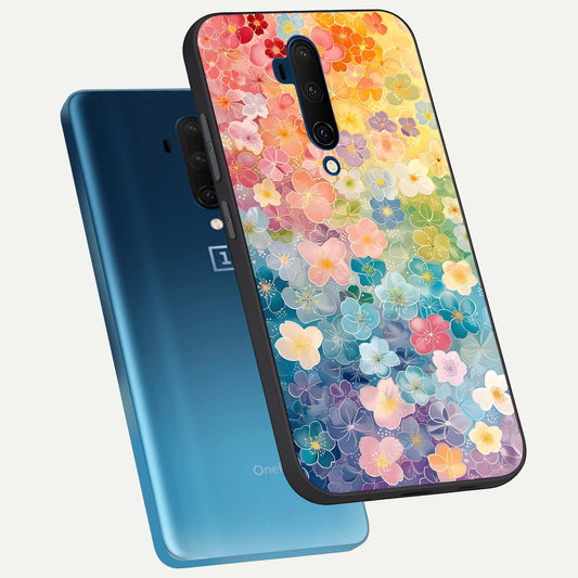  Rainbow Blossom Burst phone case For OnePlus 7T Pro showing premium glass back cover with detailed artwork