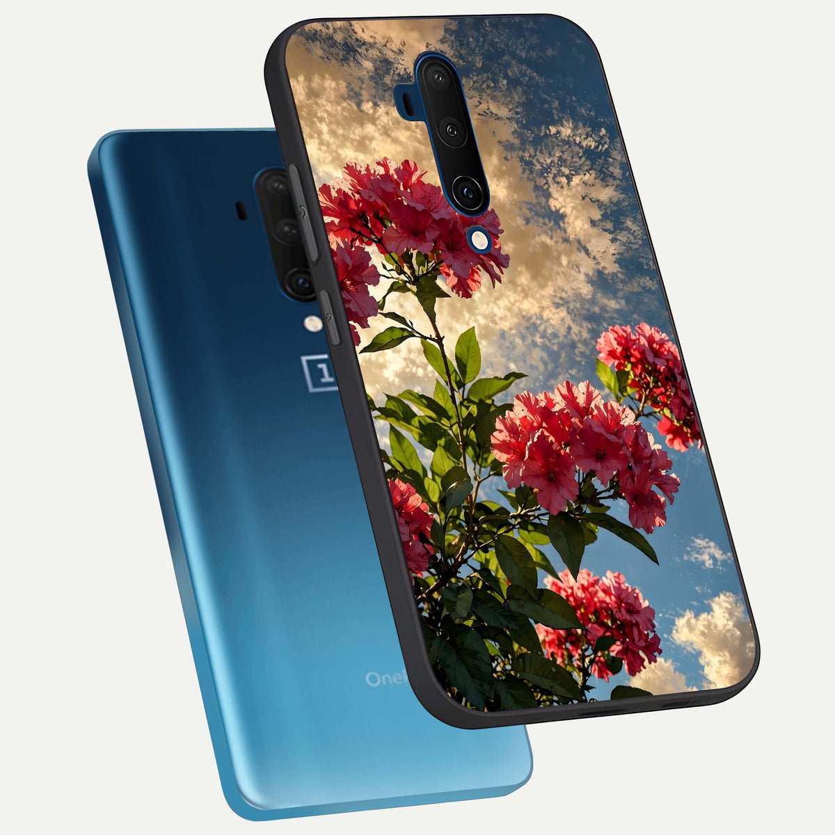  Red Bloom Skies phone case For OnePlus 7T Pro showing premium glass back cover with detailed artwork