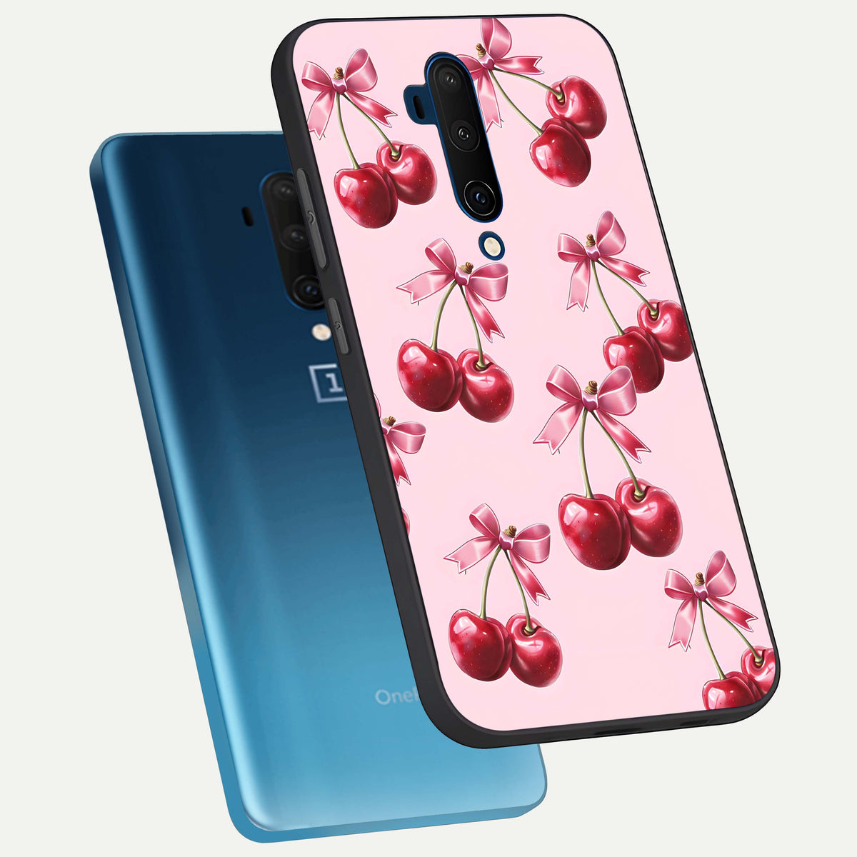  Red Cherries Pattern phone case For OnePlus 7T Pro showing premium glass back cover with detailed artwork