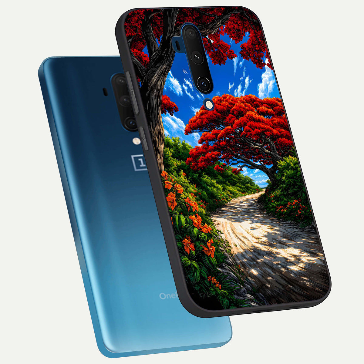  Red Trees Pathway phone case For OnePlus 7T Pro showing premium glass back cover with detailed artwork