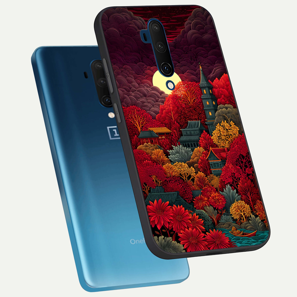  Scarlet Autumn Temple phone case For OnePlus 7T Pro showing premium glass back cover with detailed artwork