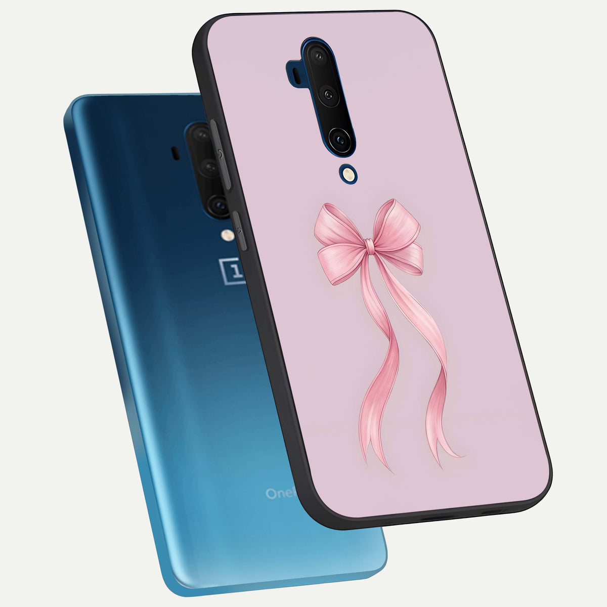  Soft Blush Bow phone case For OnePlus 7T Pro showing premium glass back cover with detailed artwork
