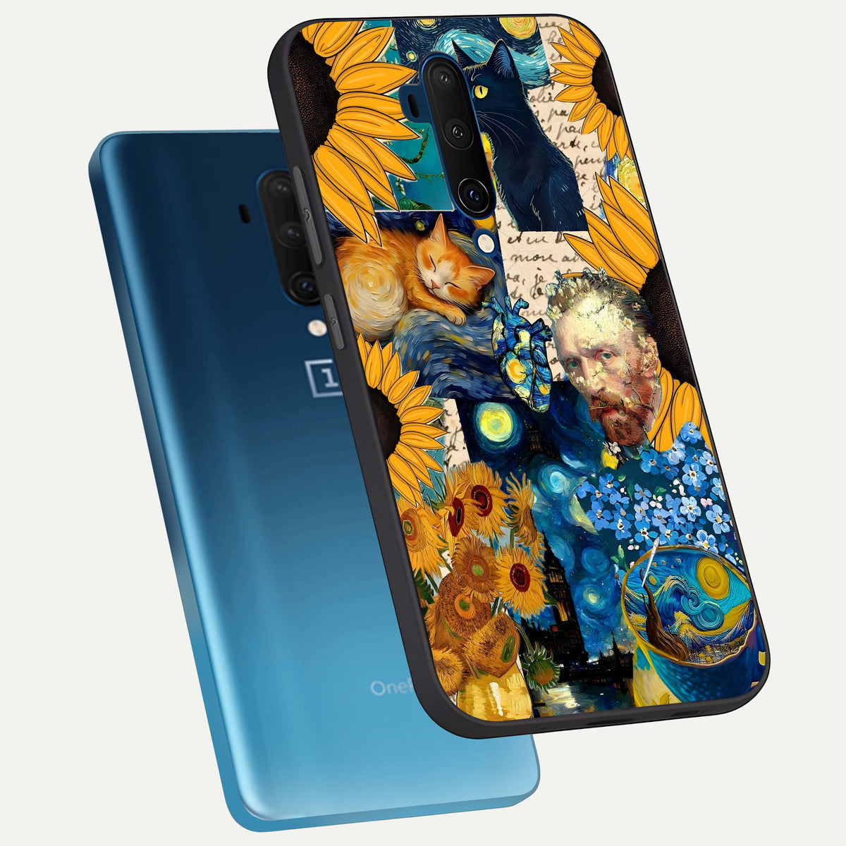  Sunflower Chic Mood Custom Name phone case For OnePlus 7T Pro showing premium glass back cover with detailed artwork