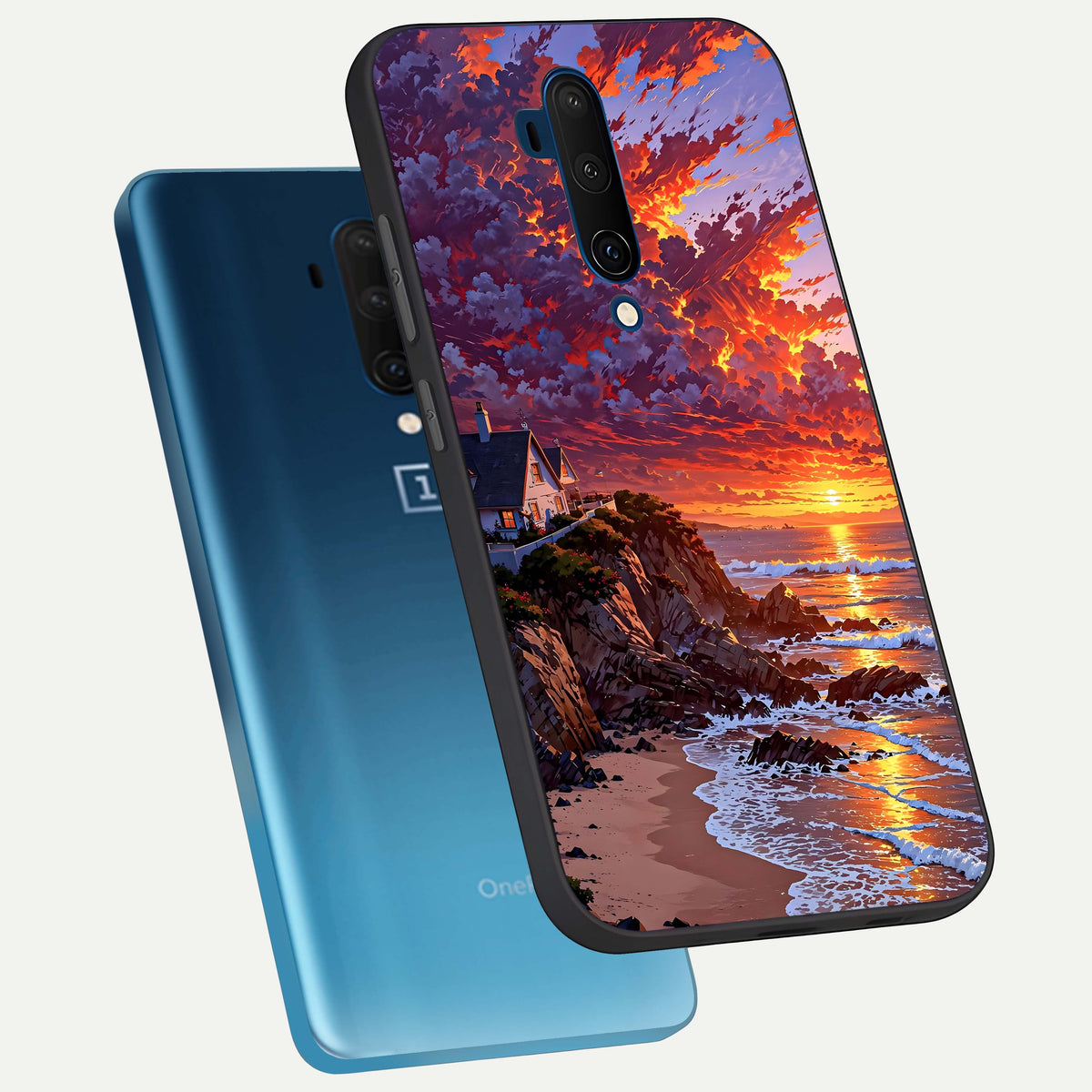  Sunset House By Sea phone case For OnePlus 7T Pro showing premium glass back cover with detailed artwork