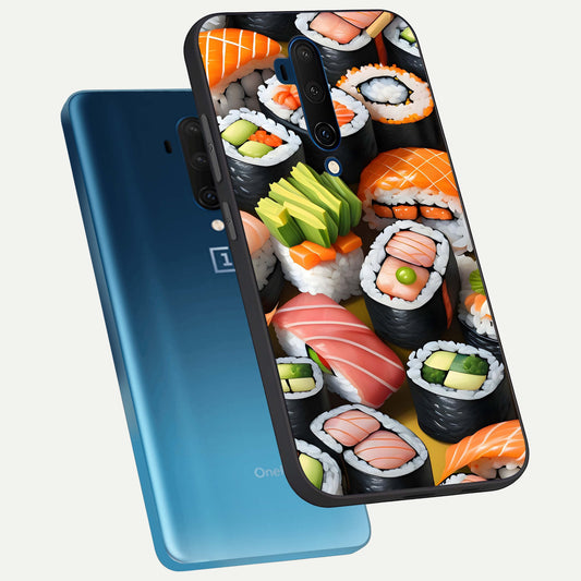  Sushi Food Pattern phone case For OnePlus 7T Pro showing premium glass back cover with detailed artwork