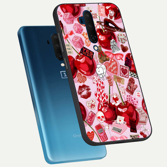  Sweet Cherry Chaos phone case For OnePlus 7T Pro showing premium glass back cover with detailed artwork
