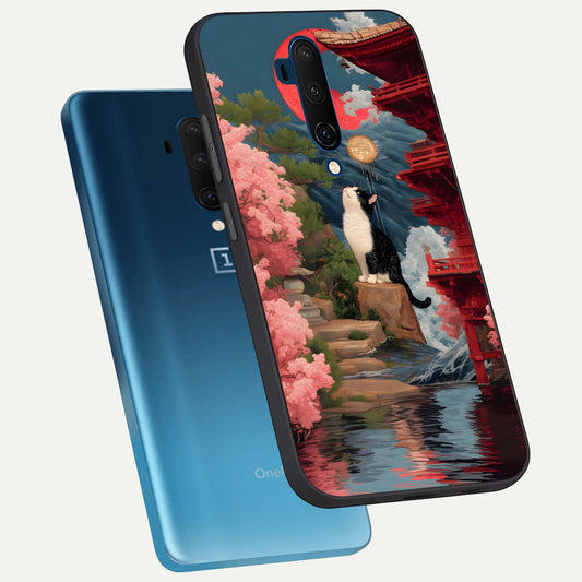  Temple Cat Scenery phone case For OnePlus 7T Pro showing premium glass back cover with detailed artwork