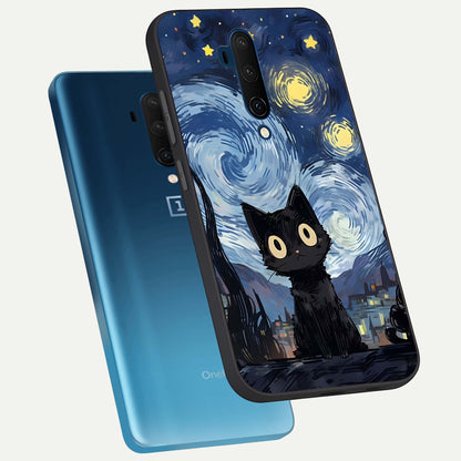  Van Gogh Cat phone case For OnePlus 7T Pro showing premium glass back cover with detailed artwork