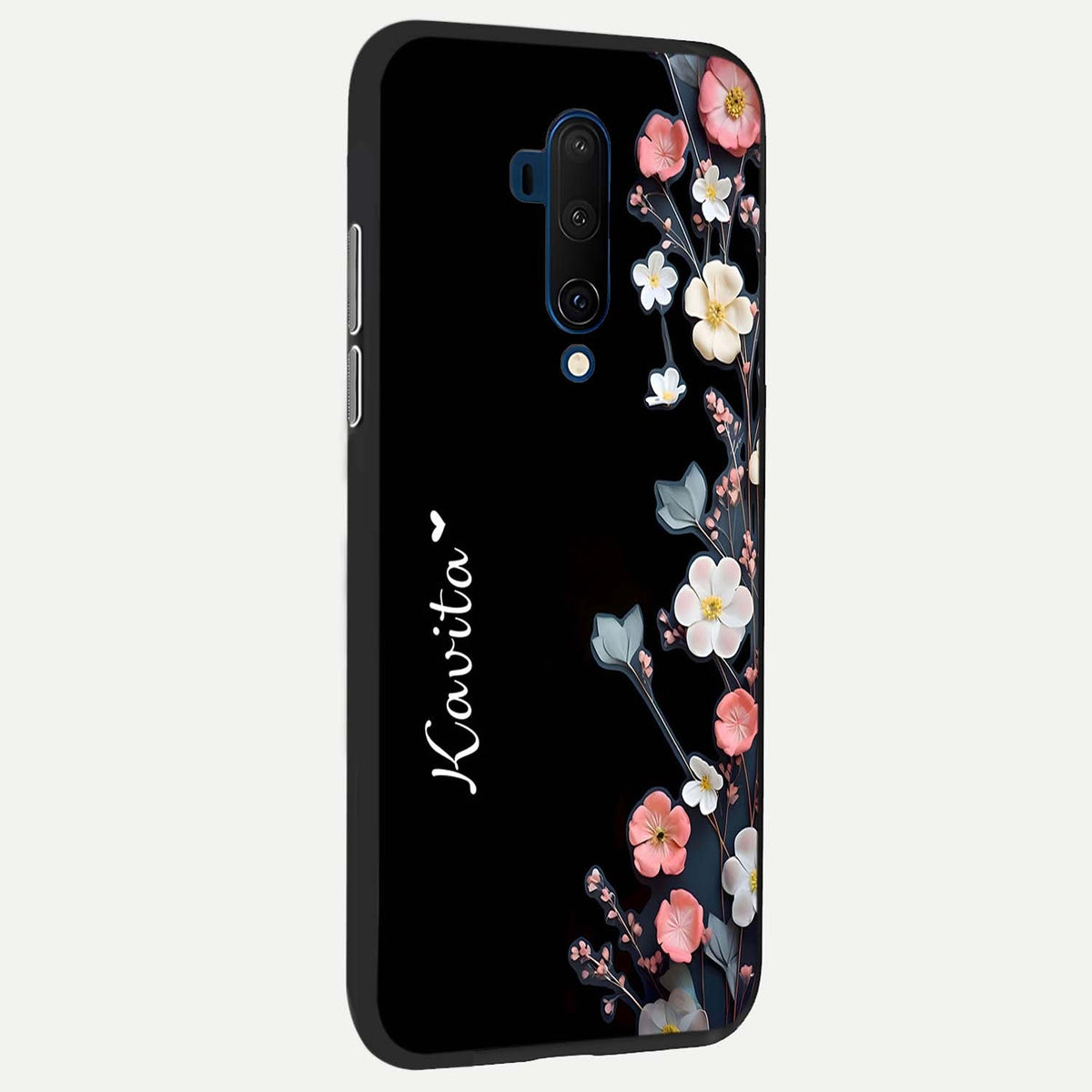  Black Elegance Floral Custom Name back cover For OnePlus 7T Pro slim fit glass case with vibrant aesthetic design