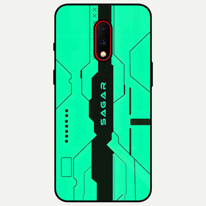  Aqua Tech CYBERPUNK Custom Name Glass Case For OnePlus 7 back cover – full design glossy printed glass finish