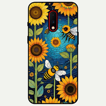  Bees And Sunflowers Glass Case For OnePlus 7 back cover – full design glossy printed glass finish