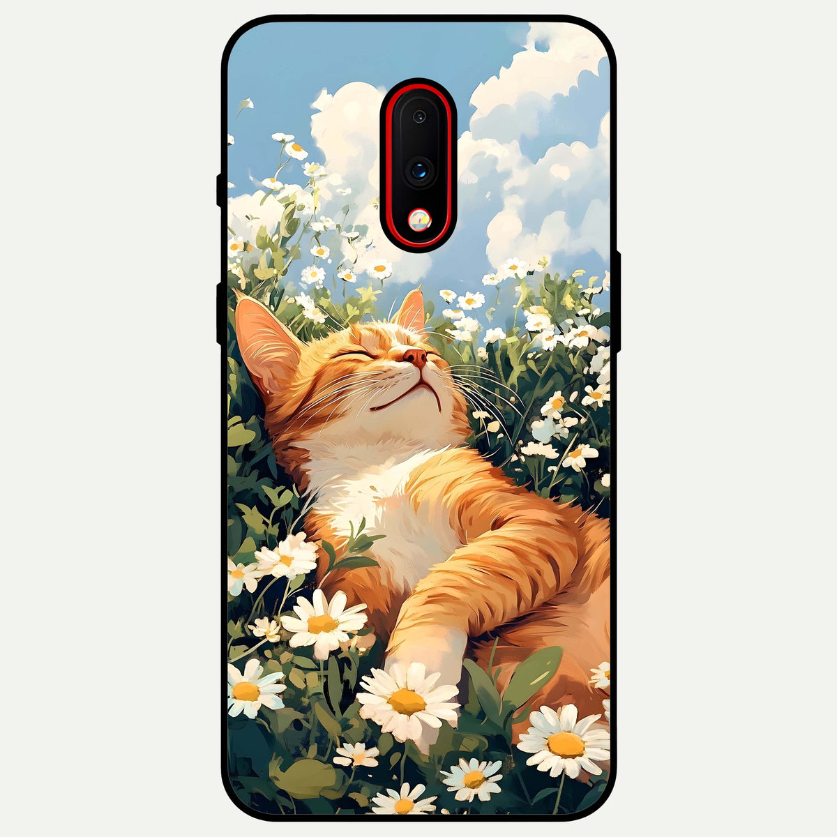  Cat And Flowers View Glass Case For OnePlus 7 back cover – full design glossy printed glass finish
