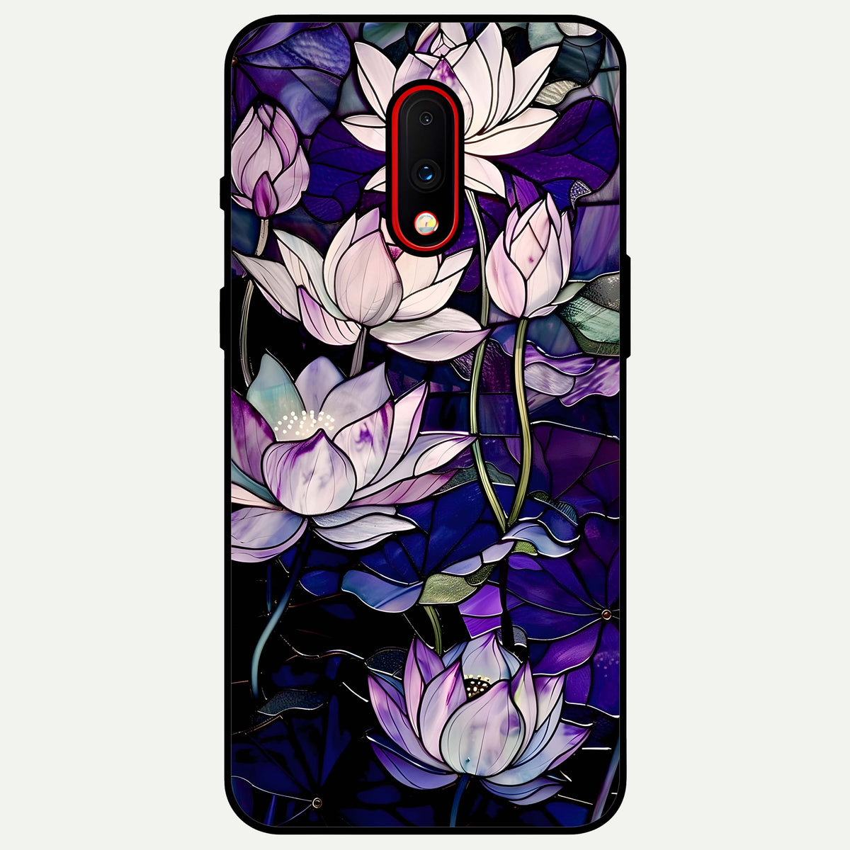  Purple Lotus Pattern Glass Case For OnePlus 7 back cover – full design glossy printed glass finish
