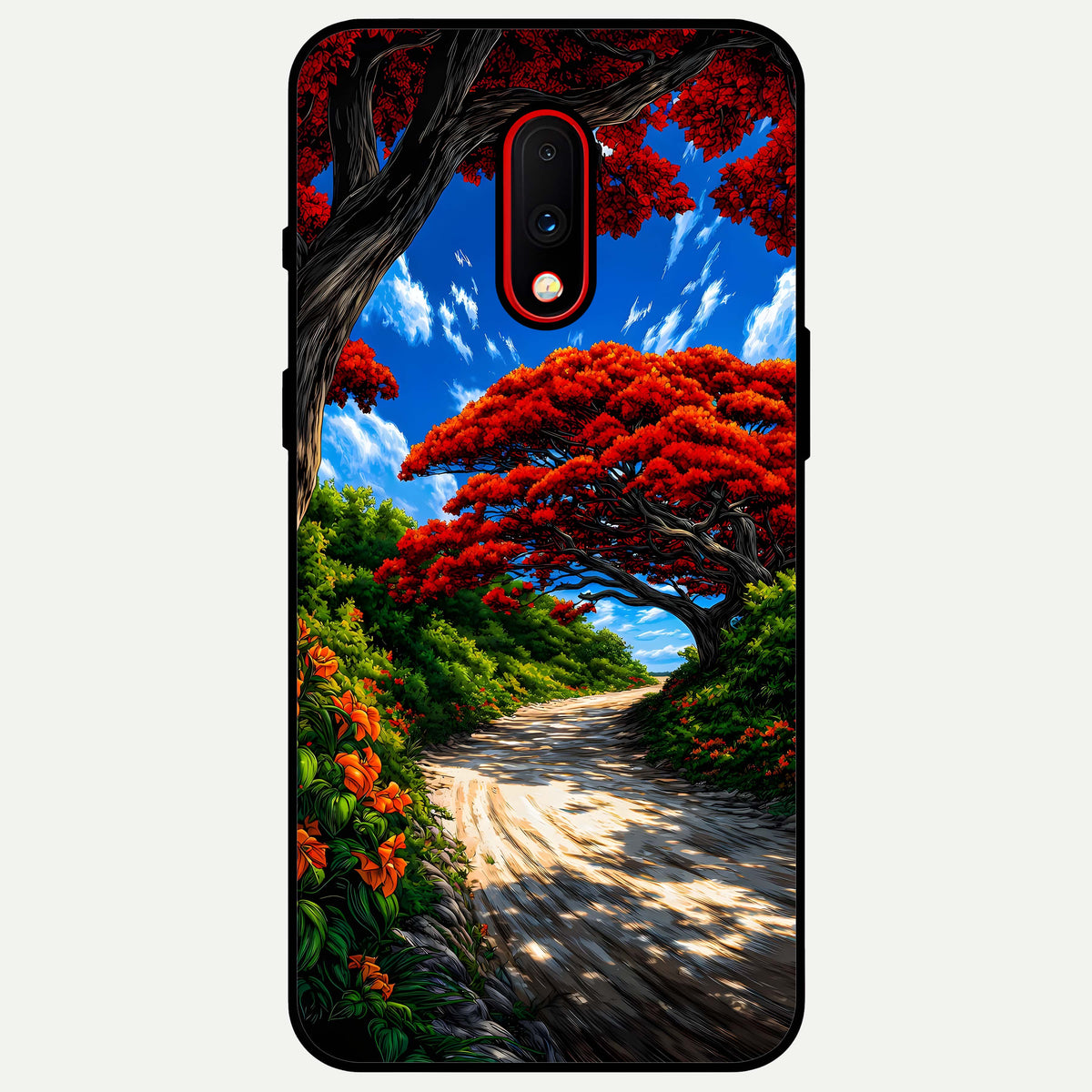  Red Trees Pathway Glass Case For OnePlus 7 back cover – full design glossy printed glass finish