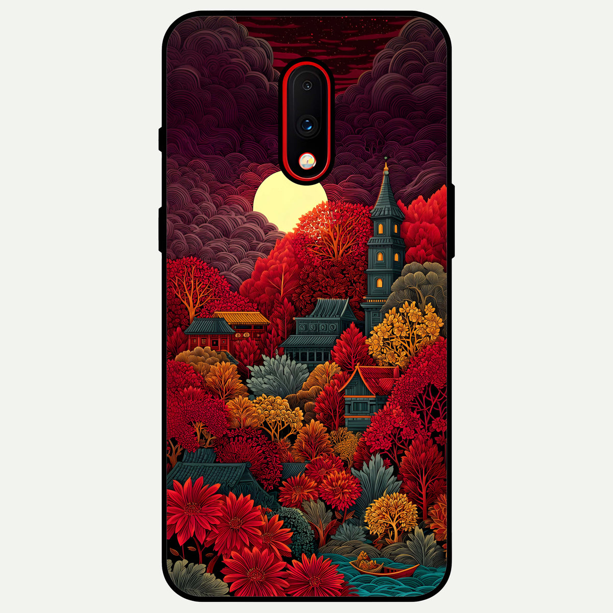  Scarlet Autumn Temple Glass Case For OnePlus 7 back cover – full design glossy printed glass finish