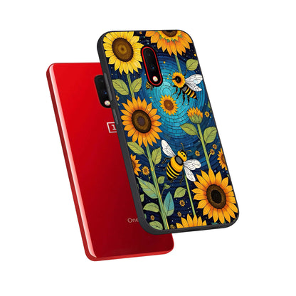  Bees And Sunflowers phone case For OnePlus 7 showing premium glass back cover with detailed artwork