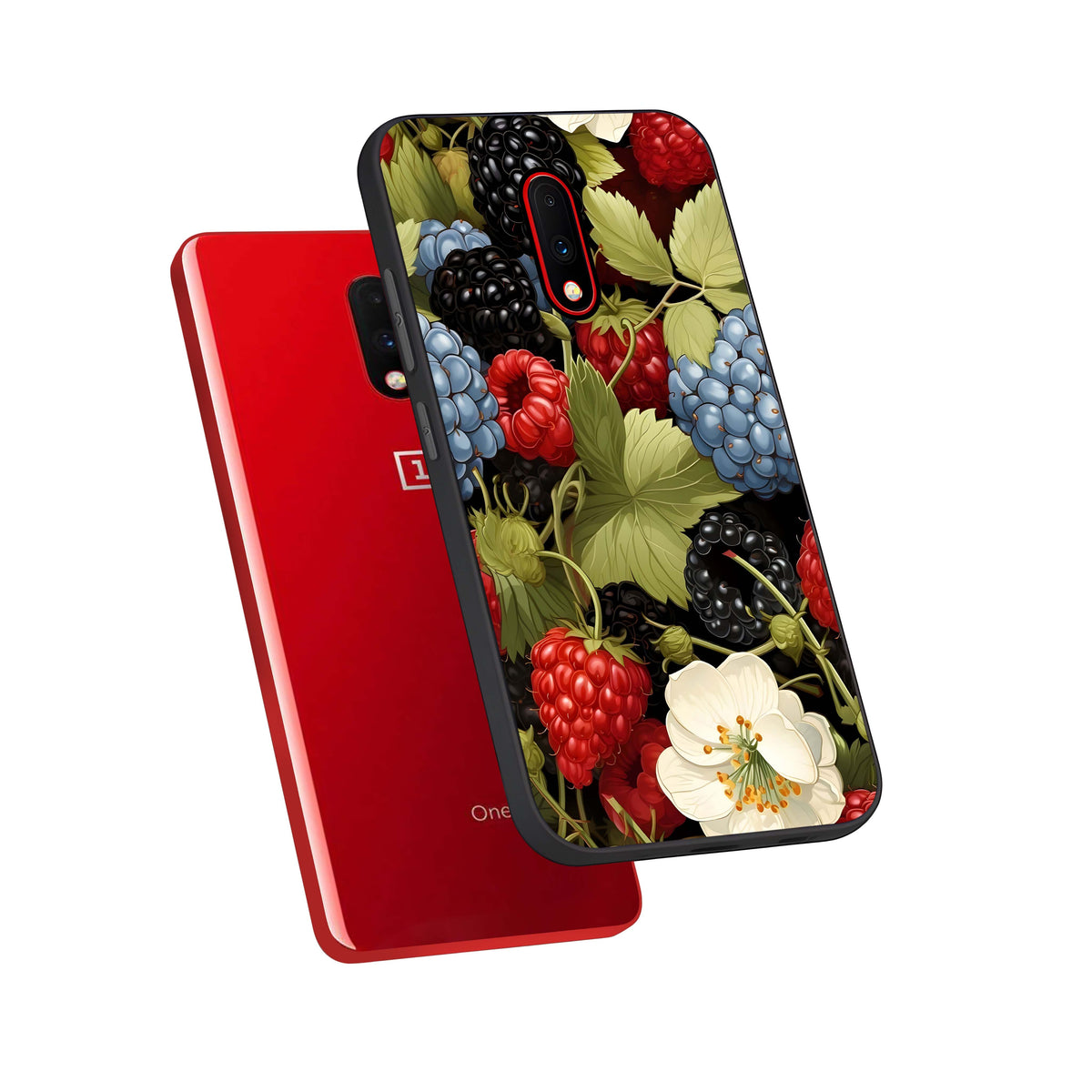  Berry Bloom Charm phone case For OnePlus 7 showing premium glass back cover with detailed artwork