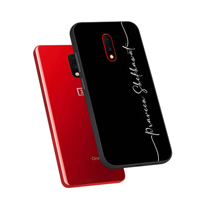  Black Tune Custom Name phone case For OnePlus 7 showing premium glass back cover with detailed artwork