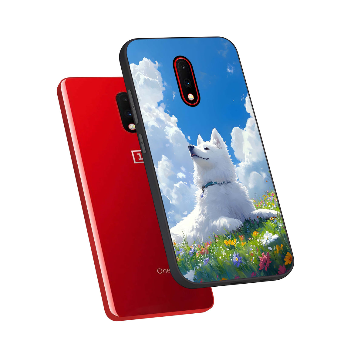 Blissful Cloud Pup phone case For OnePlus 7 showing premium glass back cover with detailed artwork