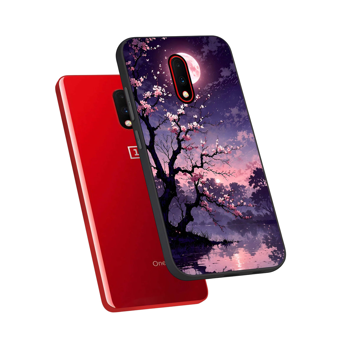  Blossom Pink Moon phone case For OnePlus 7 showing premium glass back cover with detailed artwork