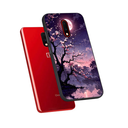 Blossom Pink Moon phone case For OnePlus 7 showing premium glass back cover with detailed artwork