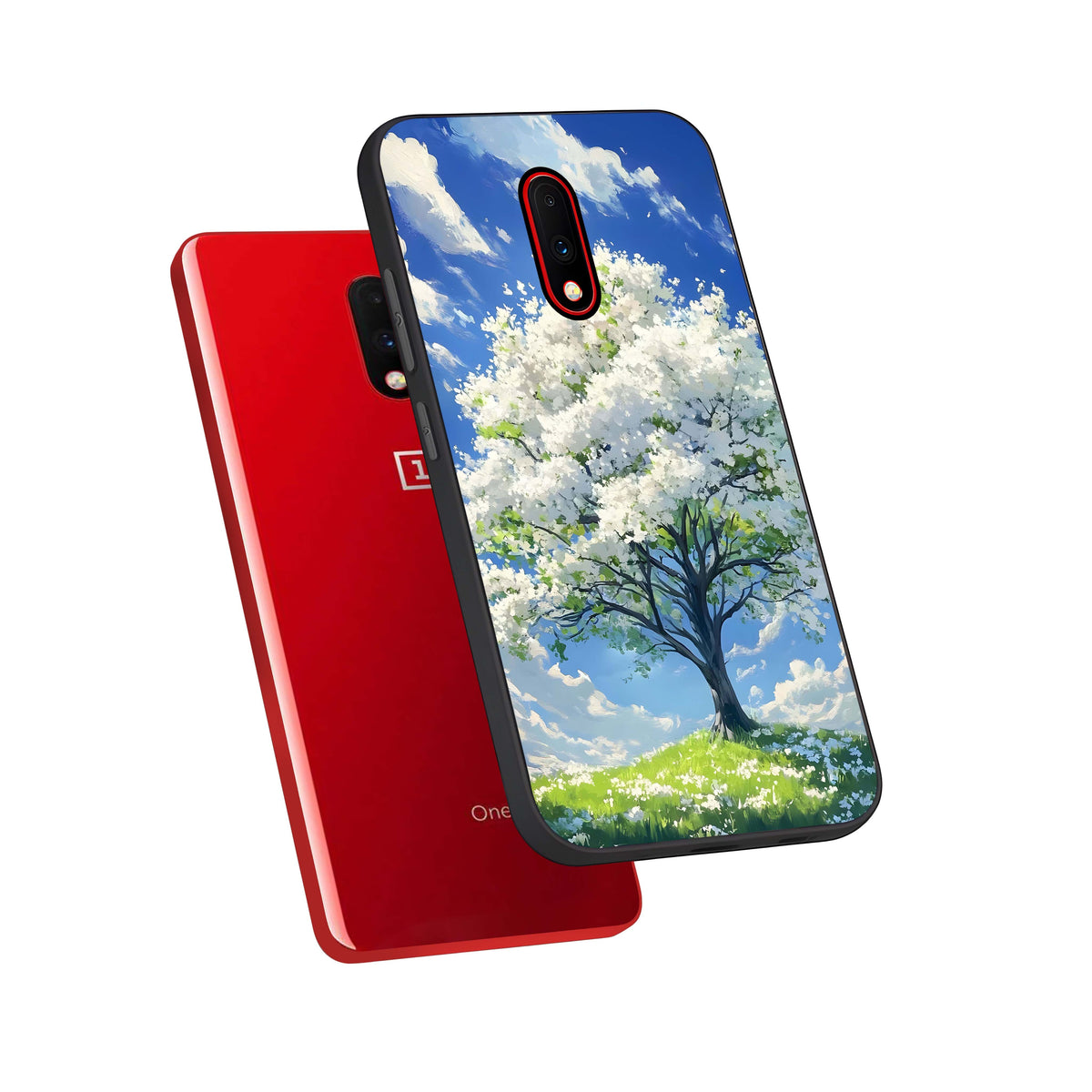  Blossom Sky Serenity phone case For OnePlus 7 showing premium glass back cover with detailed artwork