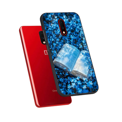  Blue Bloom Tales phone case For OnePlus 7 showing premium glass back cover with detailed artwork