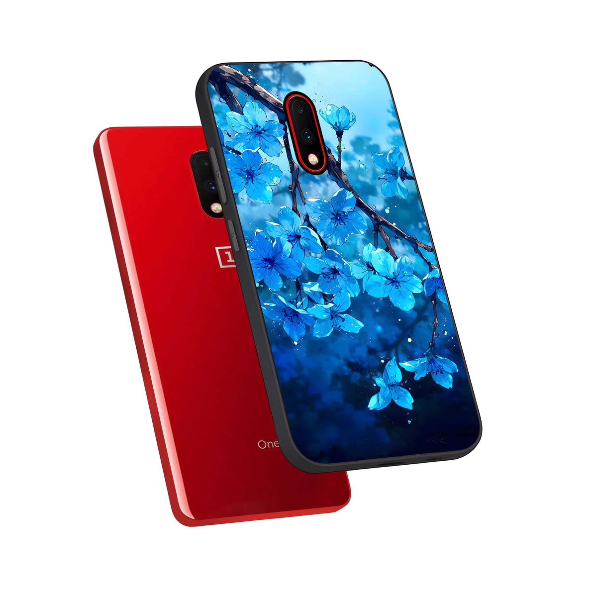  Blue Blossoms Branch phone case For OnePlus 7 showing premium glass back cover with detailed artwork