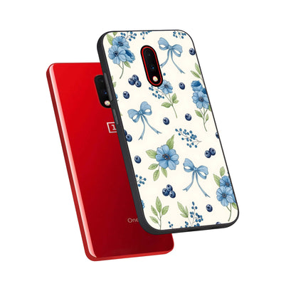  Blue Flower And Bow phone case For OnePlus 7 showing premium glass back cover with detailed artwork