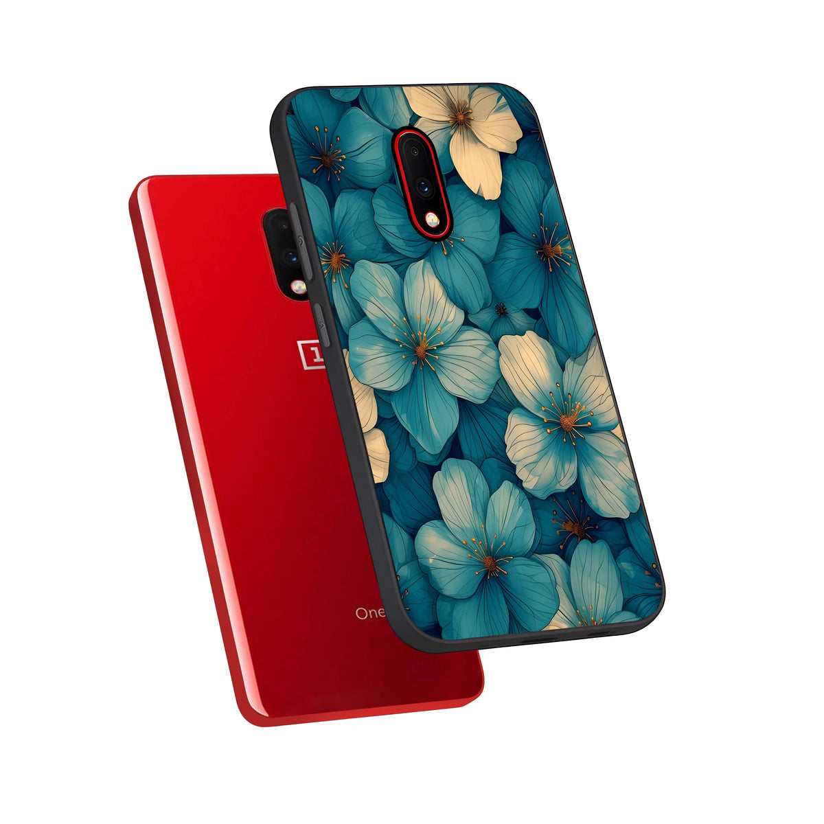  Blue Shade Floral phone case For OnePlus 7 showing premium glass back cover with detailed artwork