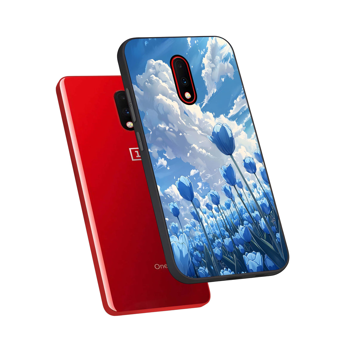  Blue Tulip Clouds phone case For OnePlus 7 showing premium glass back cover with detailed artwork