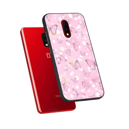  Blush Butterfly Garden phone case For OnePlus 7 showing premium glass back cover with detailed artwork