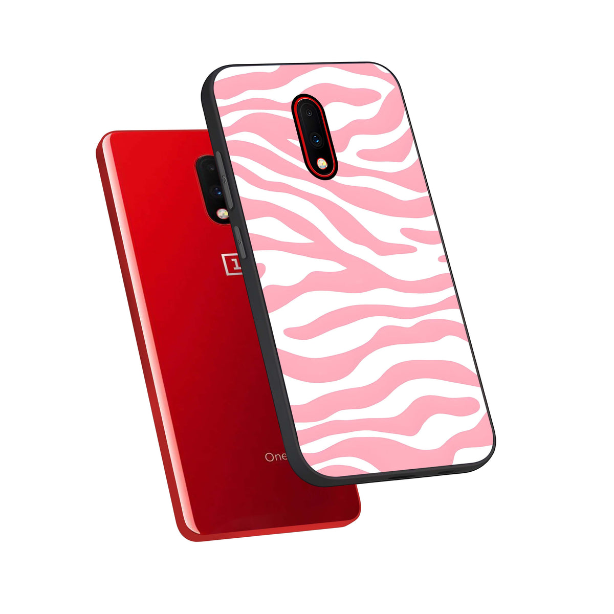  Blush Zebra Flow phone case For OnePlus 7 showing premium glass back cover with detailed artwork