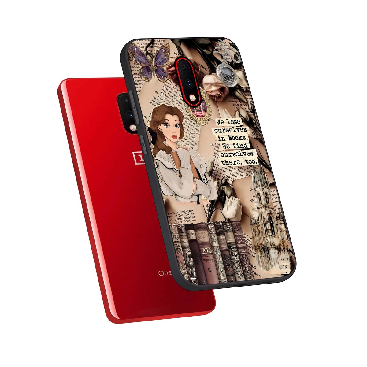  Bookish Dream World phone case For OnePlus 7 showing premium glass back cover with detailed artwork