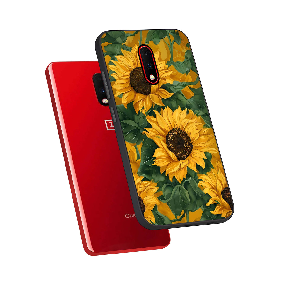  Bright Sunflower Bloom phone case For OnePlus 7 showing premium glass back cover with detailed artwork