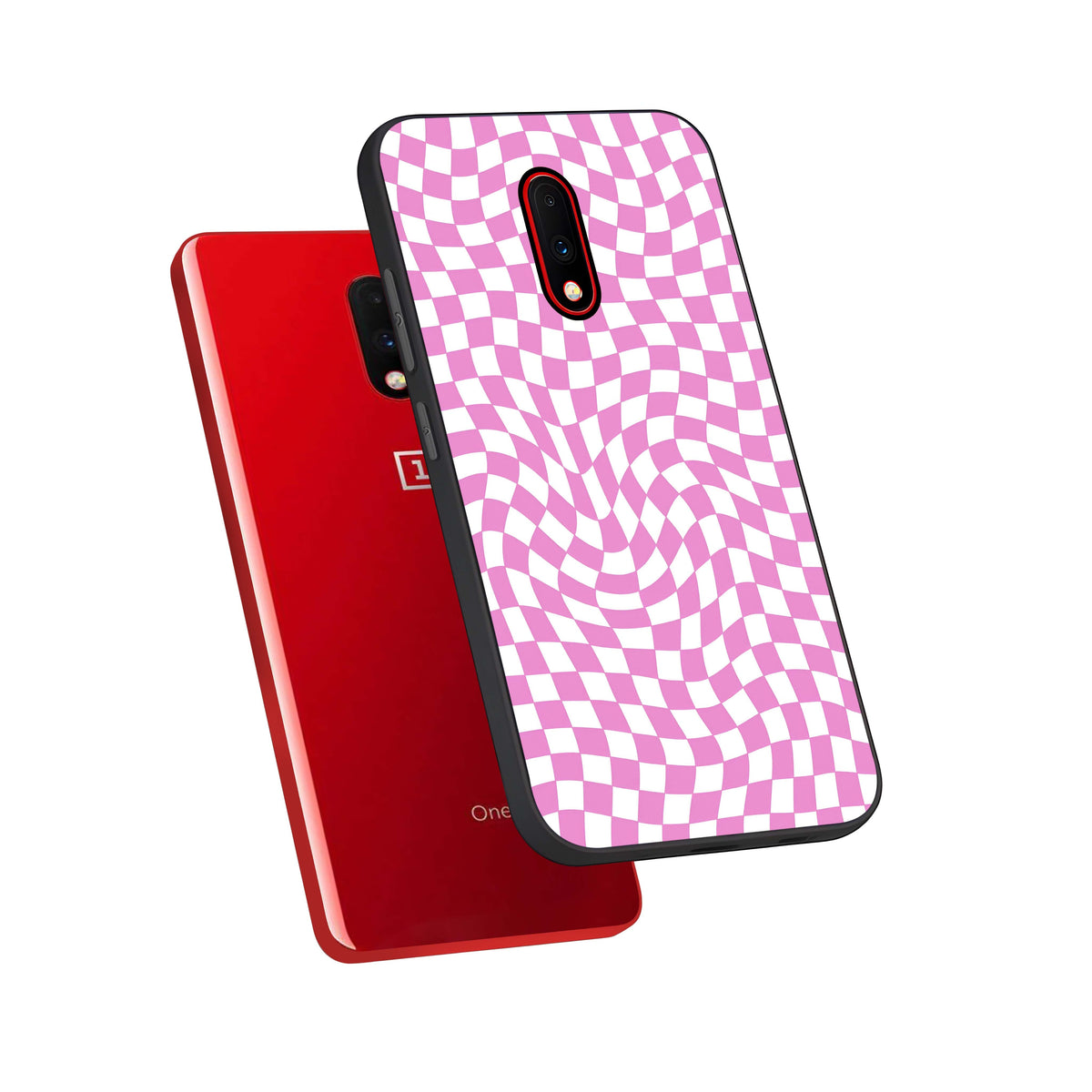  Bubblegum Check Wave phone case For OnePlus 7 showing premium glass back cover with detailed artwork