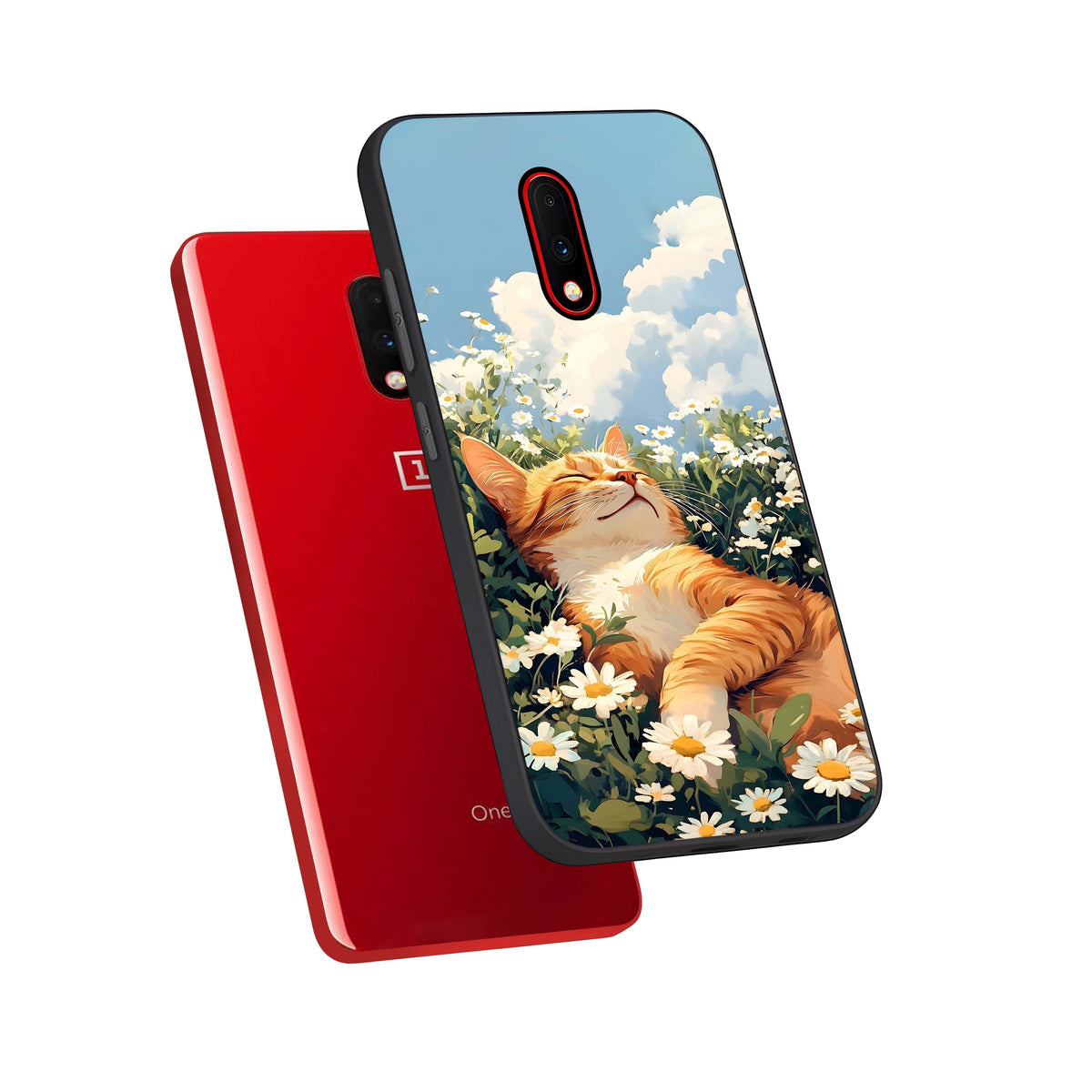  Cat And Flowers View phone case For OnePlus 7 showing premium glass back cover with detailed artwork