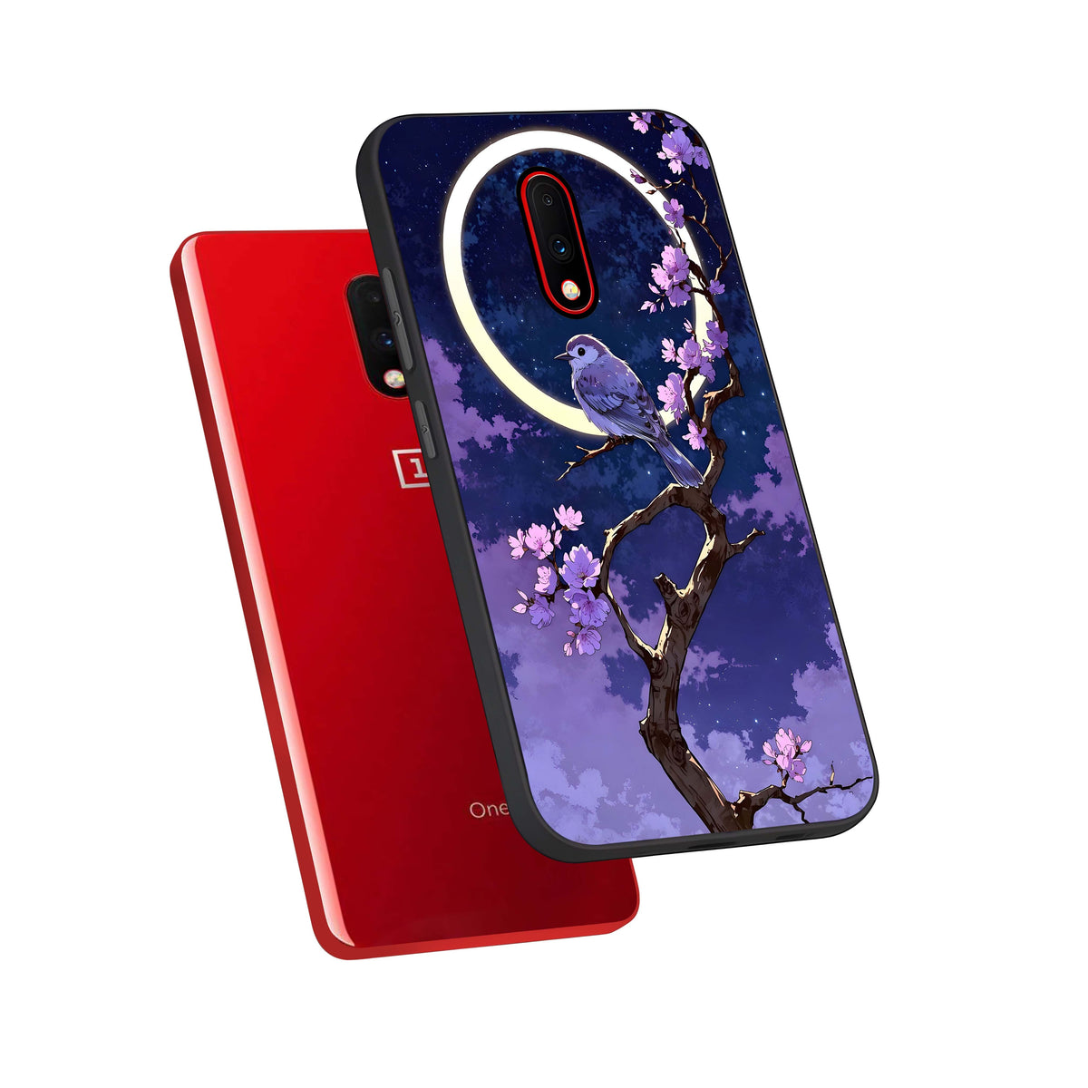  Celestial Bird Blossom phone case For OnePlus 7 showing premium glass back cover with detailed artwork