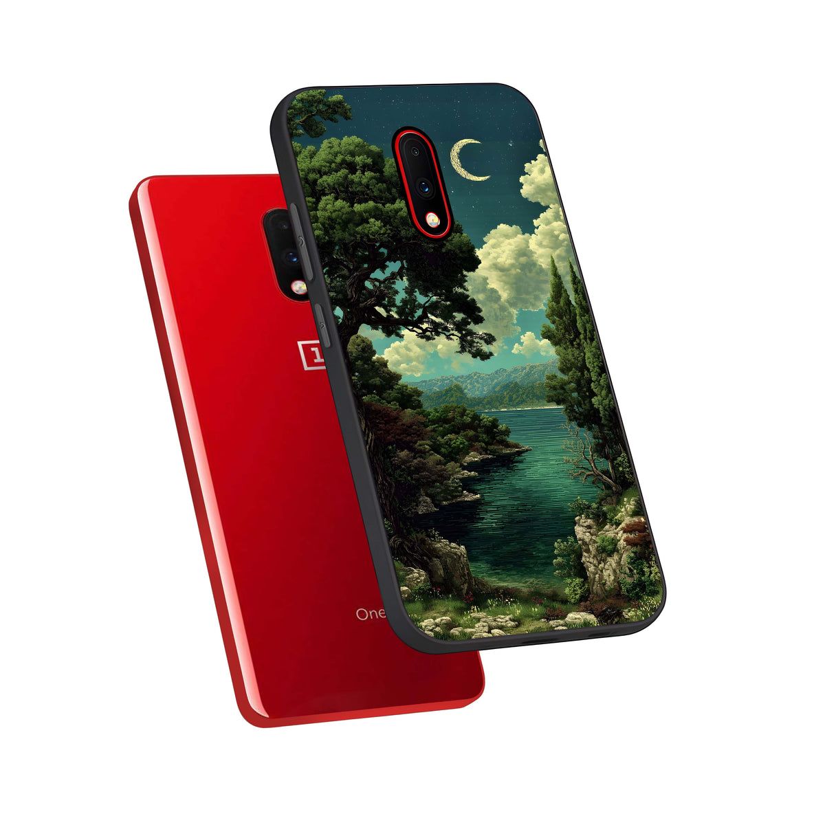  Celestial Lake Peace phone case For OnePlus 7 showing premium glass back cover with detailed artwork