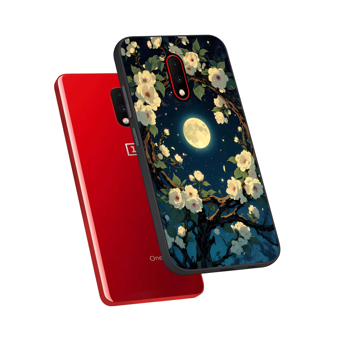  Celestial Moon And Flower phone case For OnePlus 7 showing premium glass back cover with detailed artwork