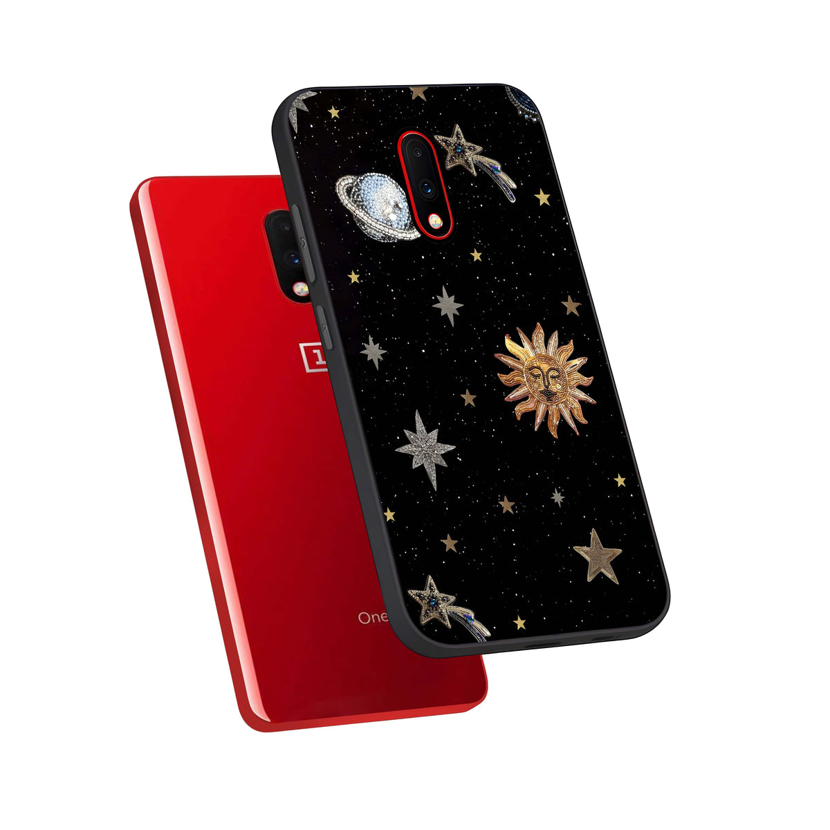  Celestial Moon With Stars phone case For OnePlus 7 showing premium glass back cover with detailed artwork