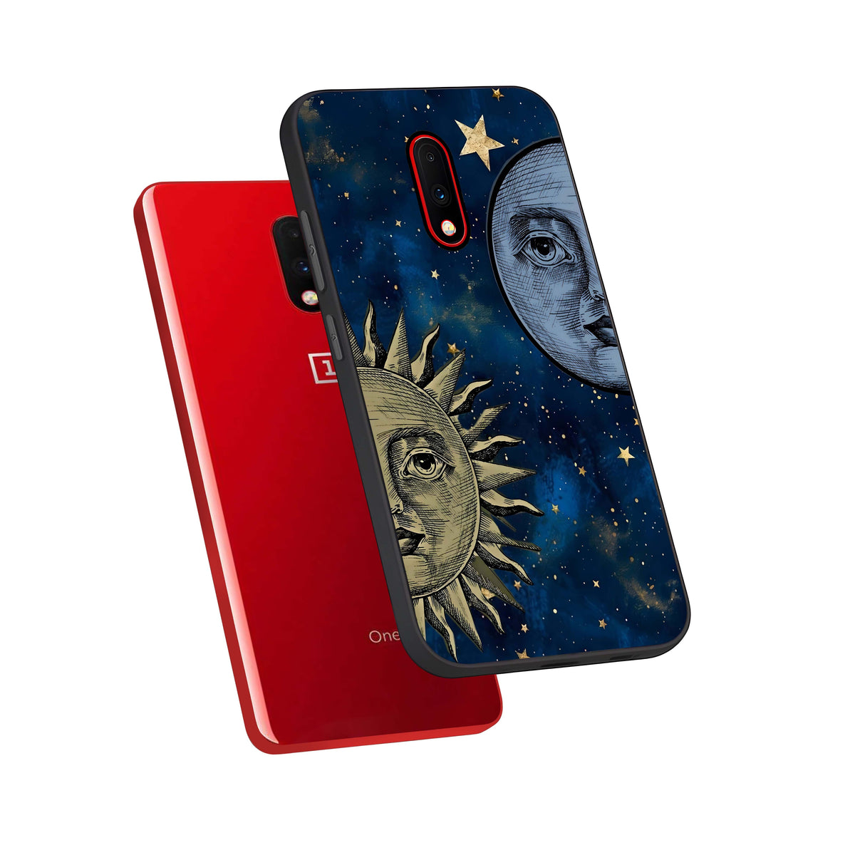  Celestial Moon With Sun phone case For OnePlus 7 showing premium glass back cover with detailed artwork