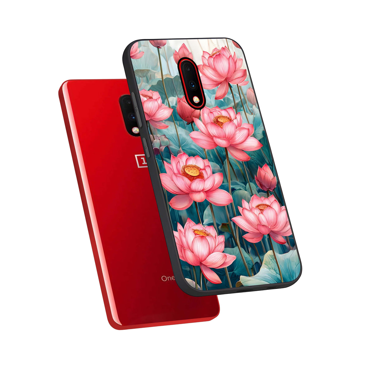  Celestial Pink Lotus phone case For OnePlus 7 showing premium glass back cover with detailed artwork