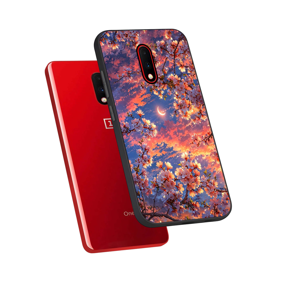  Celestial Sakura Sunset phone case For OnePlus 7 showing premium glass back cover with detailed artwork