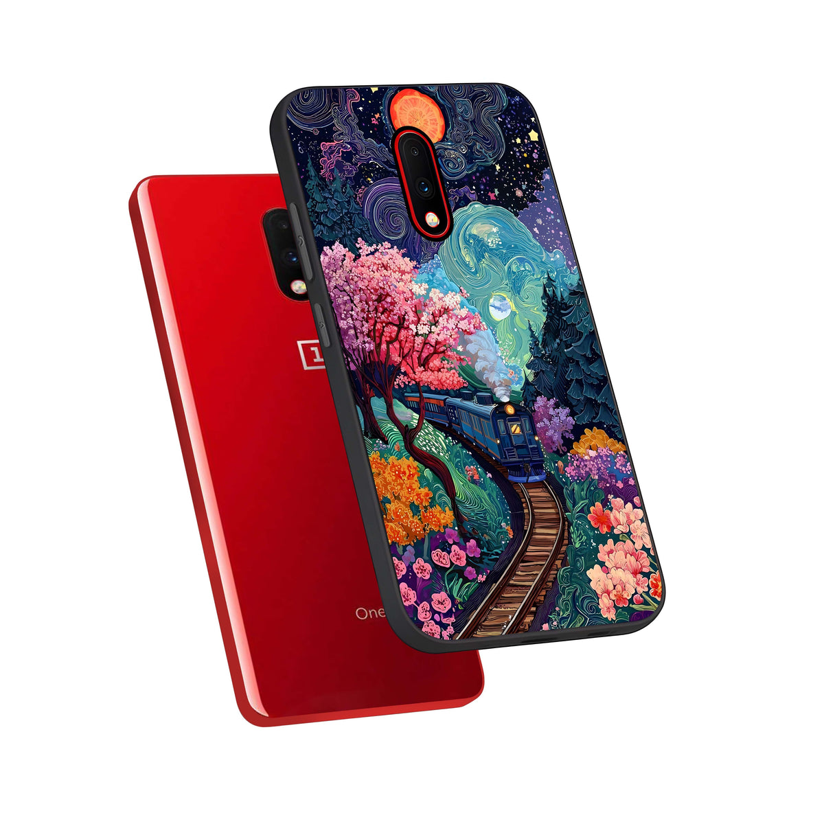  Celestial Train Journey phone case For OnePlus 7 showing premium glass back cover with detailed artwork